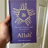 A hand holding a purple book with the title 'Blessed names and attributes of Allah' by Abdur Raheem Kidwai.