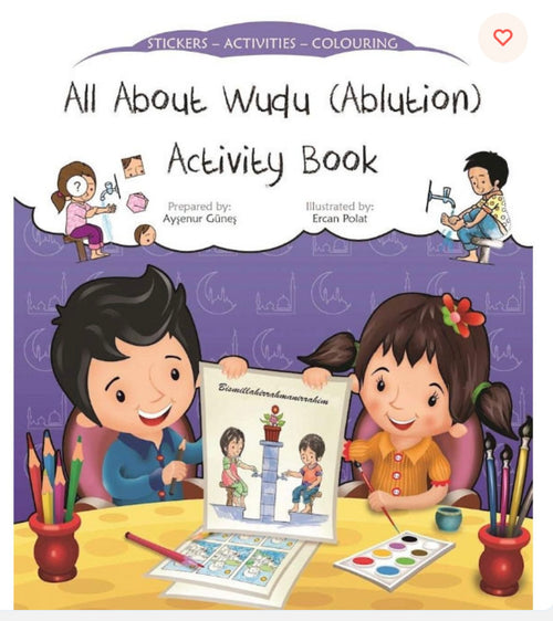 Activity book cover titled 'All About Wudu (Ablution)' with children at a table.