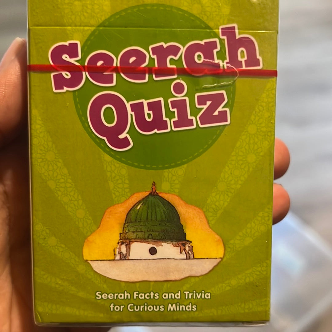 A box of 'Seerah Quiz' educational toy featuring multiple choice questions on the life of the Prophet Muhammad, with an illustration of the Kaaba on the front.