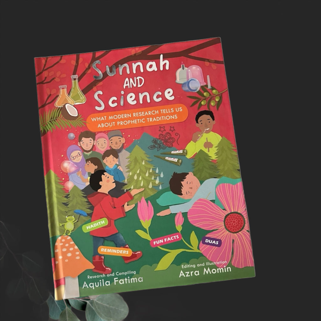 A book titled 'Sunnah & Science' with illustrations of diverse characters engaging in various activities, set against a colorful background.