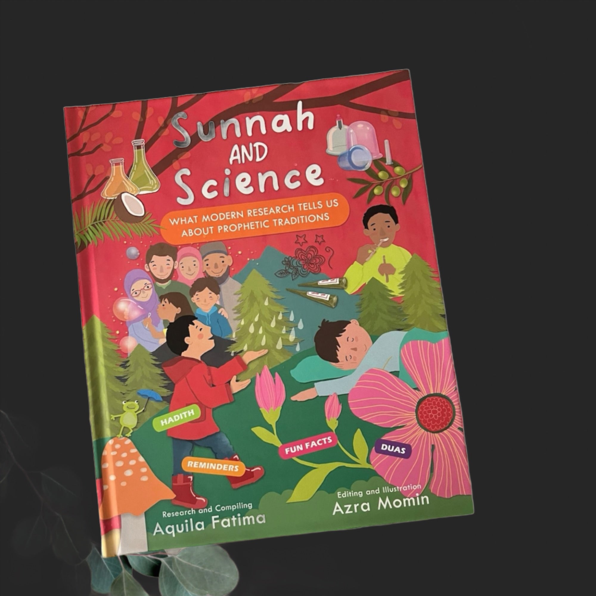 A book titled 'Sunnah & Science' with illustrations of diverse characters engaging in various activities, set against a colorful background.