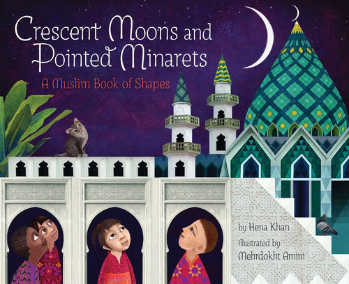 A book cover featuring illustrations of children, a crescent moon, and a pointed minaret with a background of a mosque.