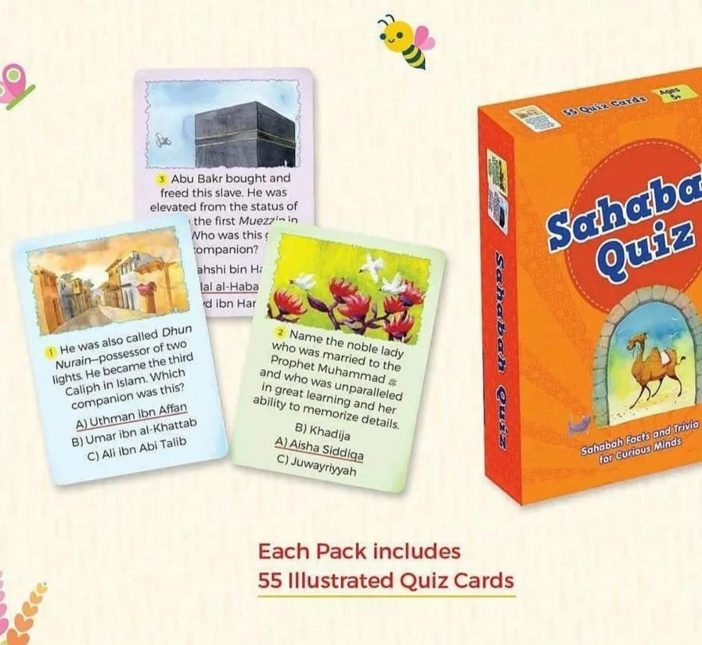 three sahabah quiz cards and a box of sahabah quiz cards