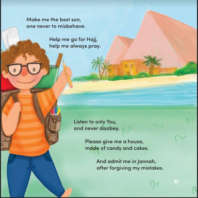 a page with a poem, showing a shore with pyramids and a young boy with glasses