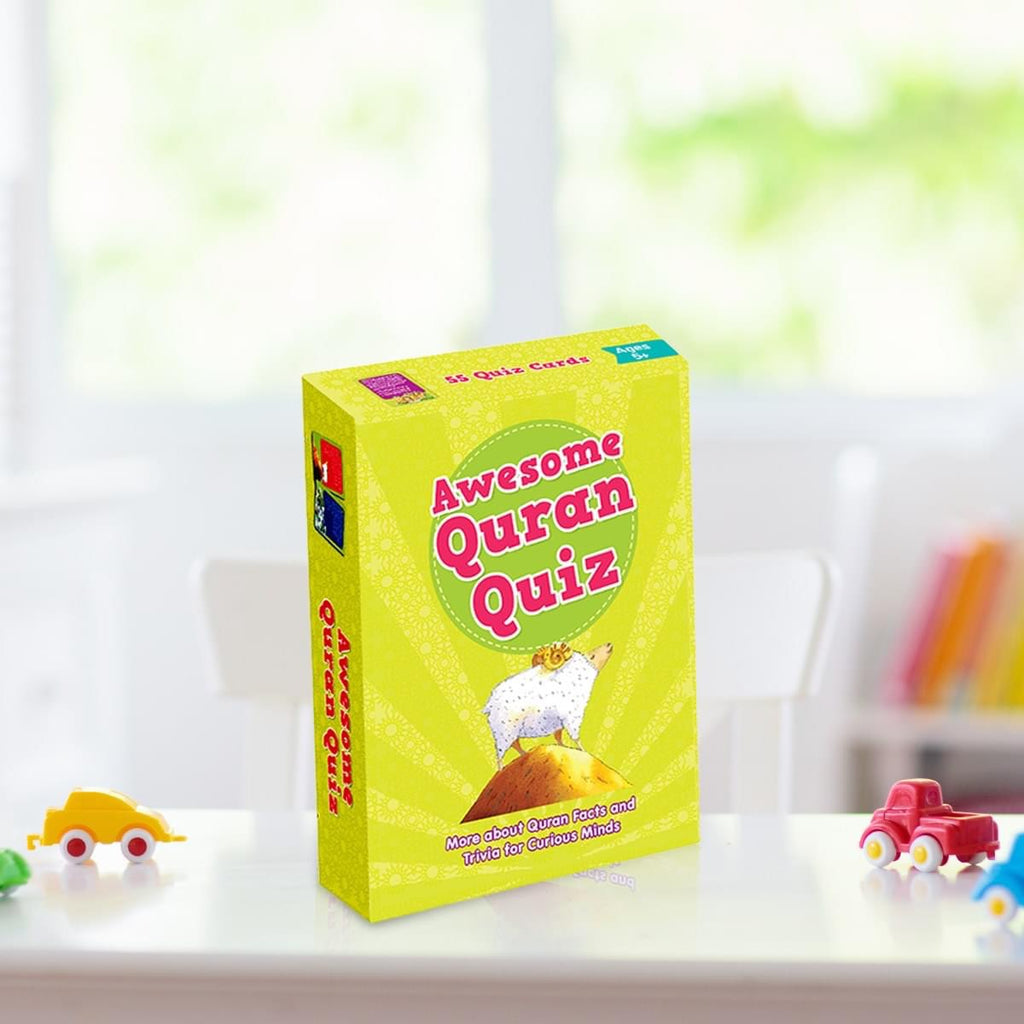 A green box labeled 'Awesome Quran Quiz' with a graphic of a chicken on the front, containing educational quiz cards about the Quran.