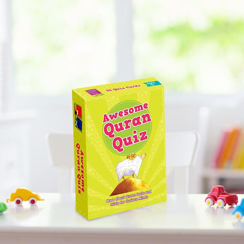 A green box labeled 'Awesome Quran Quiz' with a graphic of a chicken on the front, containing educational quiz cards about the Quran.