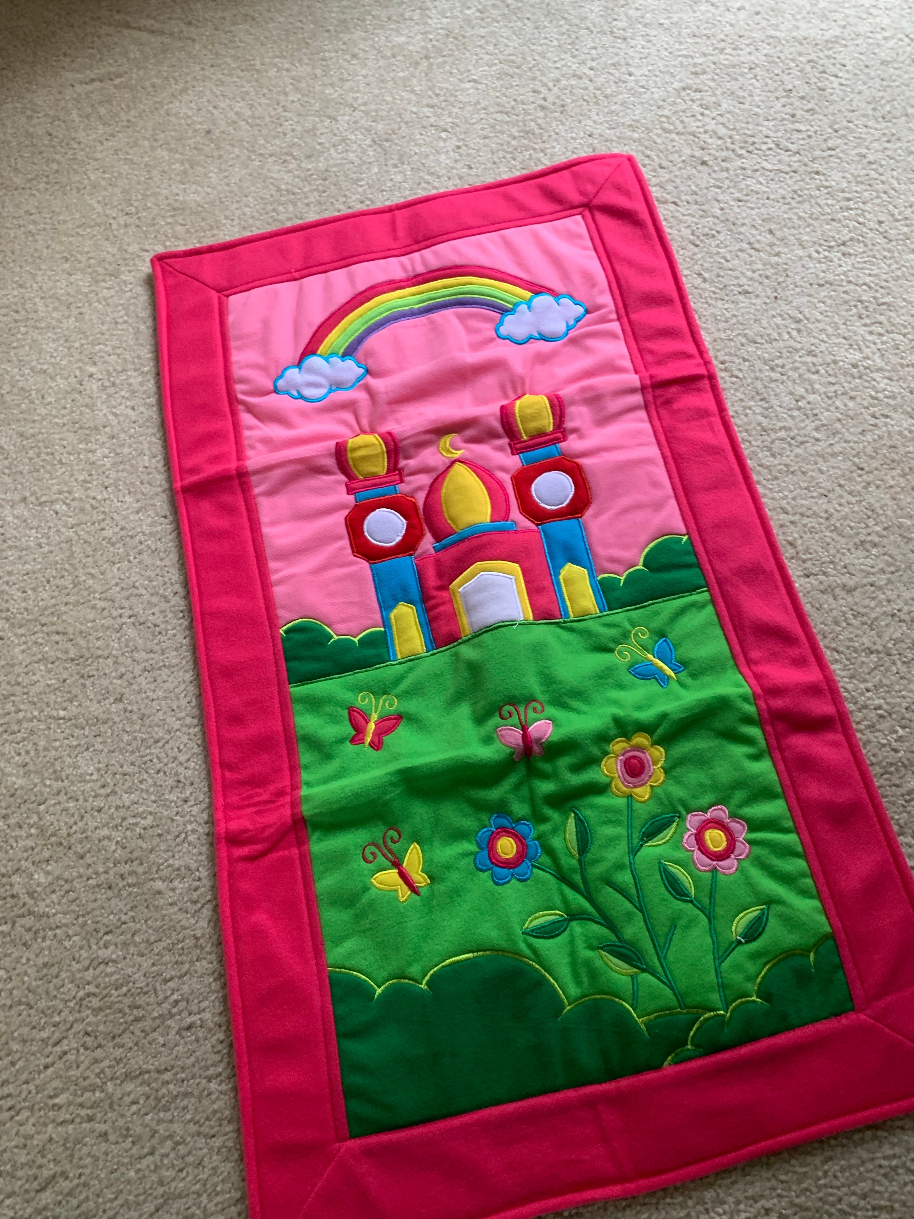 Kids Prayer Mat -Pink border-  Rainbow