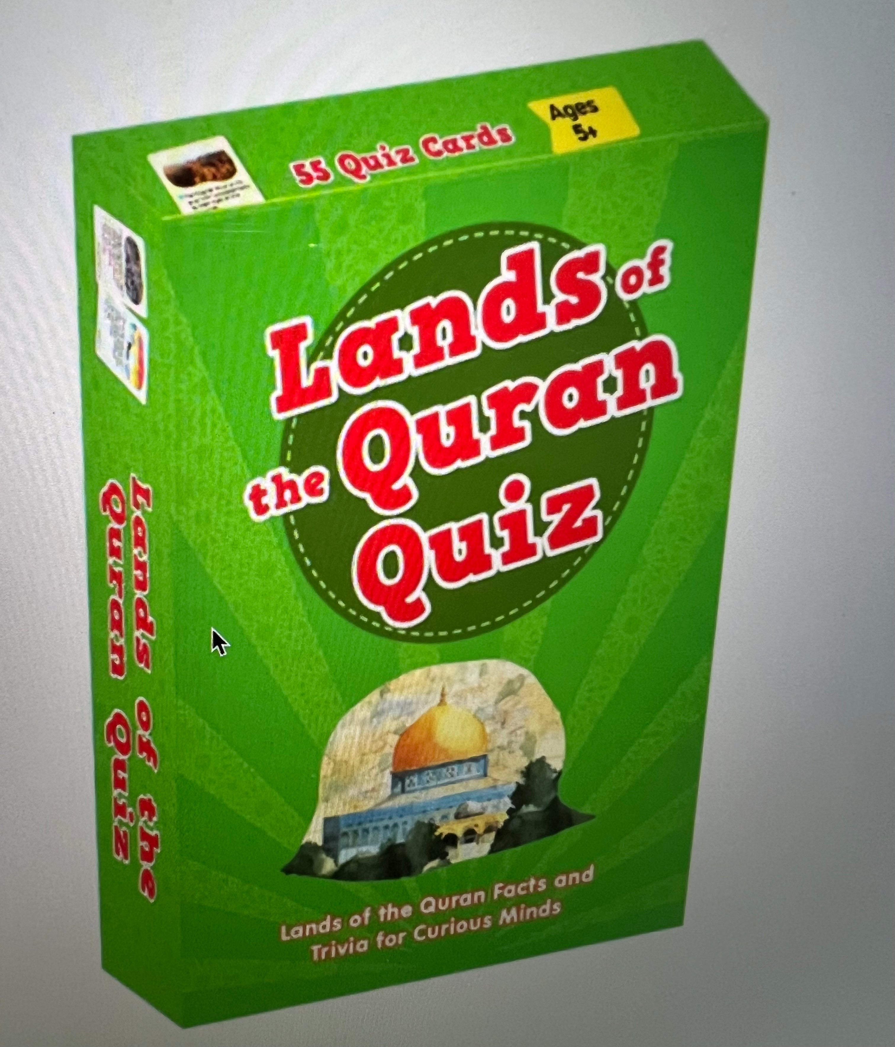 A box of 'Lands of the Quran Quiz Cards' with multiple-choice questions and illustrations related to the Quran and Prophet Muhammad's life.