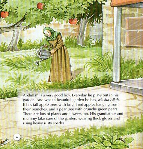 a page from prayer at bed time of an illustration of abdullah's mother watering the garden
